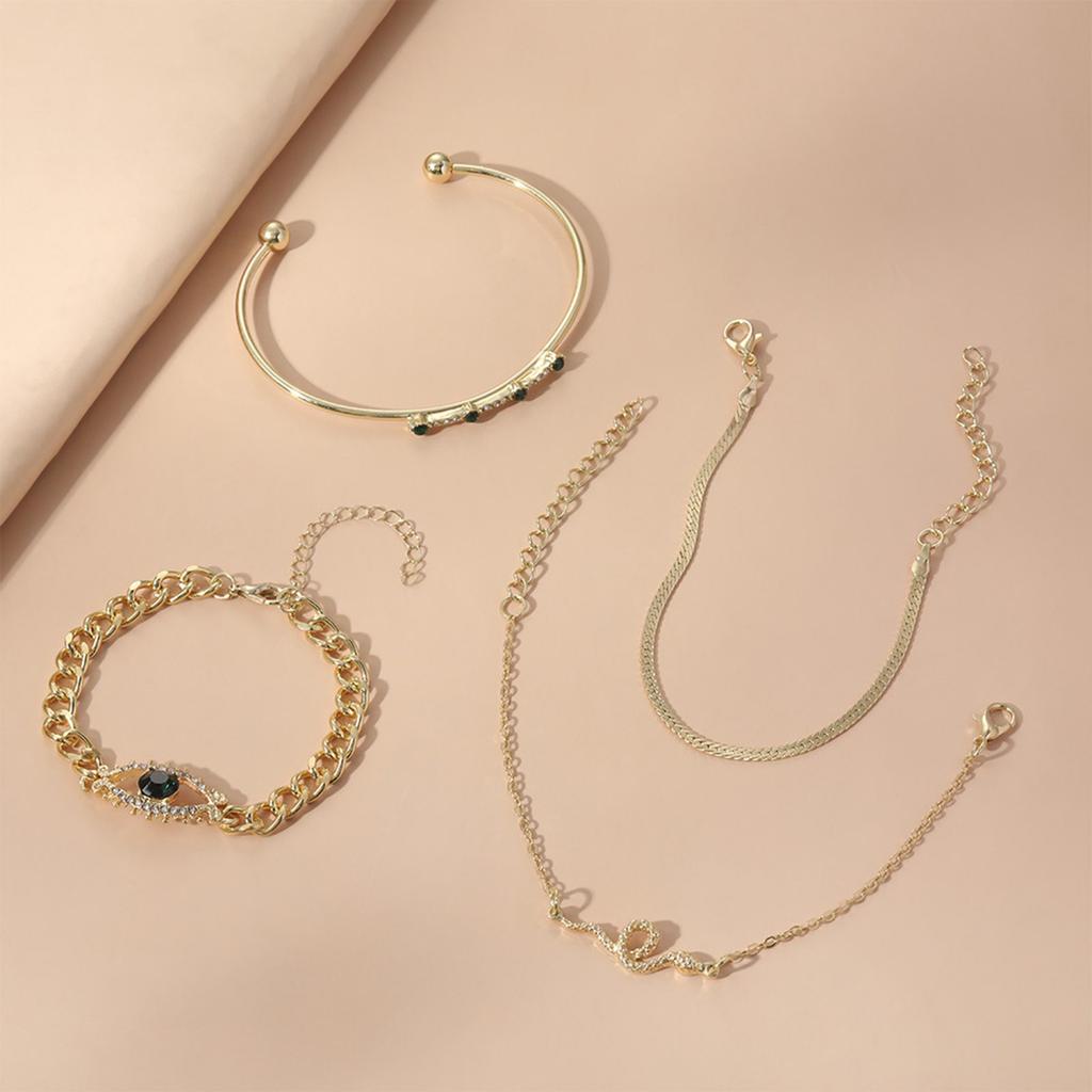 4Pcs Vintage Green Zircon Snake Designs Wrist Chain Metal Bracelet Set Open Cuff Bangles Party Jewelry for Women