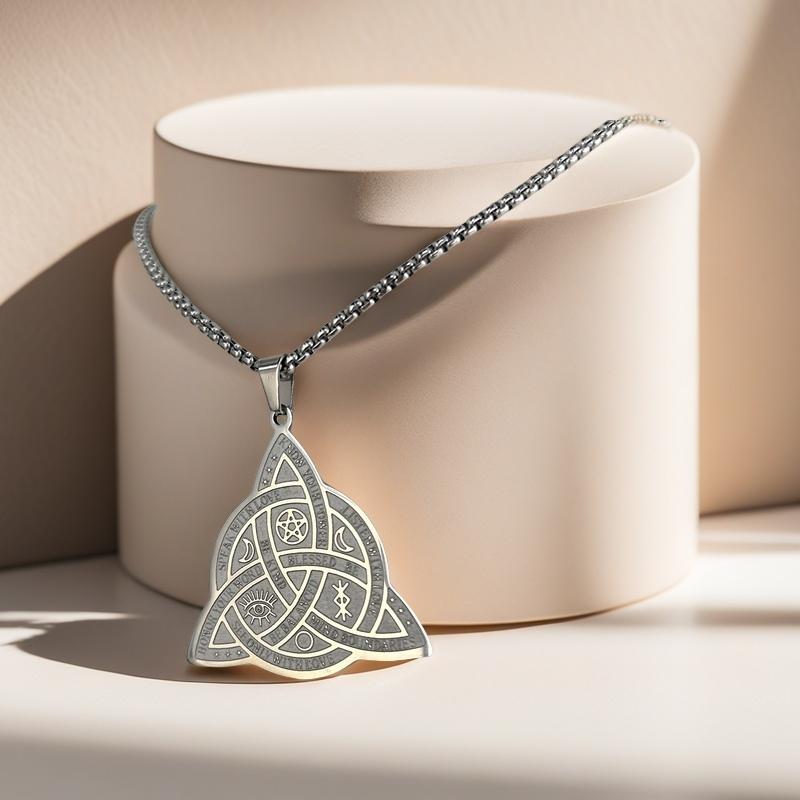 A Stylish and Simple Celtic Knot Pattern Five-pointed Star Triple Moon Necklace Stainless Steel Necklace for Men and Women
