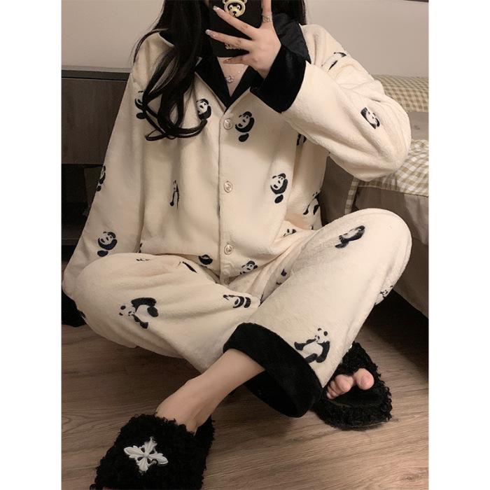 Women's Plus Size Coral Fleece Pajama Set - Thick, Loose Fit, Woven Cotton Cardigan for Autumn/Winter