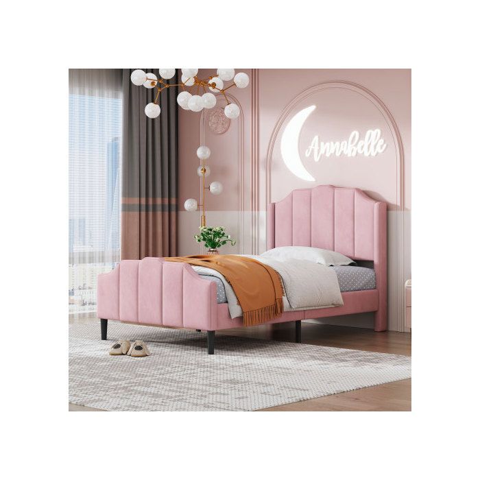 Lit d'enfant - MUVOE - 90 x 200 cm - Tête de lit en velours - Structure en MDF - Montage facile