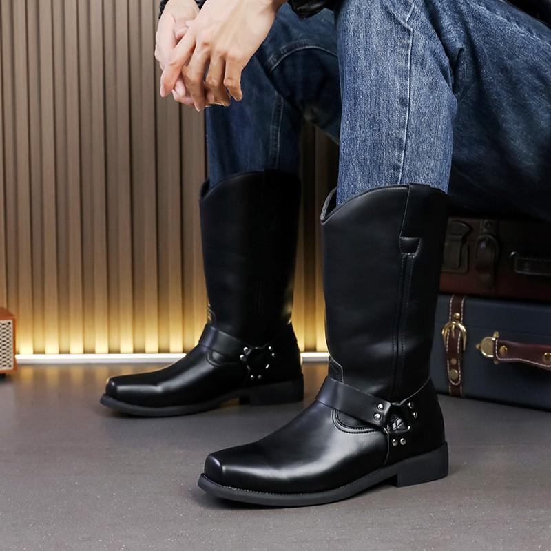 Mens Chunky Sole Leather Look Combat Boots High Top Retro Style Square Toe Mid-Calf Fashion Casual Streetwear