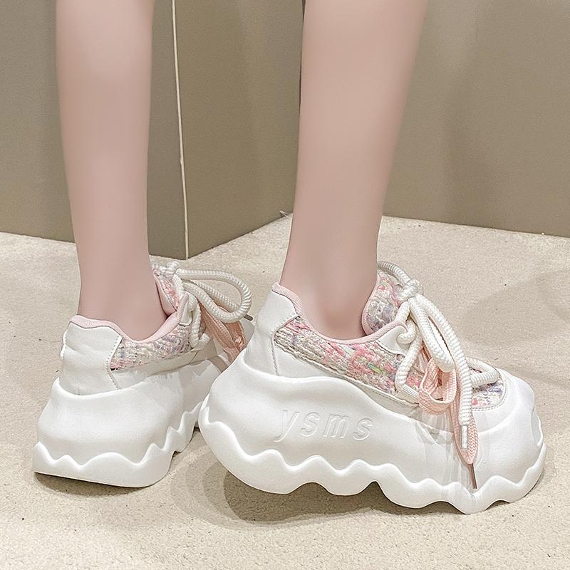 Fashion 8cm High Heel Leather Women Shoes Chunky Sneakers Autumn Wedge Platform Shoes Spring Women Breathable Comfy Skateboard Footwear