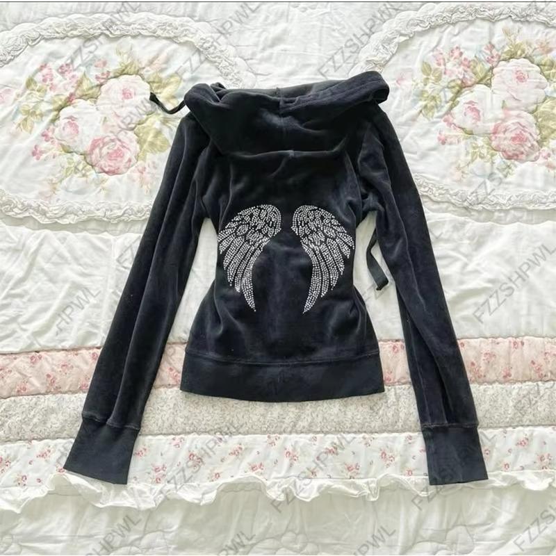 TrendHub Vintage Jacket Grunge Zipper Sweatshirt Autumn and Winter Wings Print Slim Hoodie Gothic Fashion Trend Slim Street Outerwear Y2k