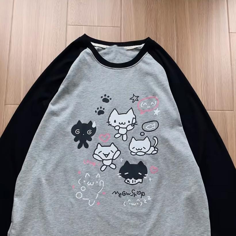 Kawaii Cat Print T-shirts for Women Anime Cartoon Graphic Raglan Sleeve Tops Gothic Japan Style Autumn Cutecore Clothes