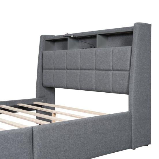 Upholstered Bed, 140 X 200cm, No Mattress, App-Controlled LED Light, Bed with Drawers Featuring Power Outlets and USB Ports, Built-In Storage