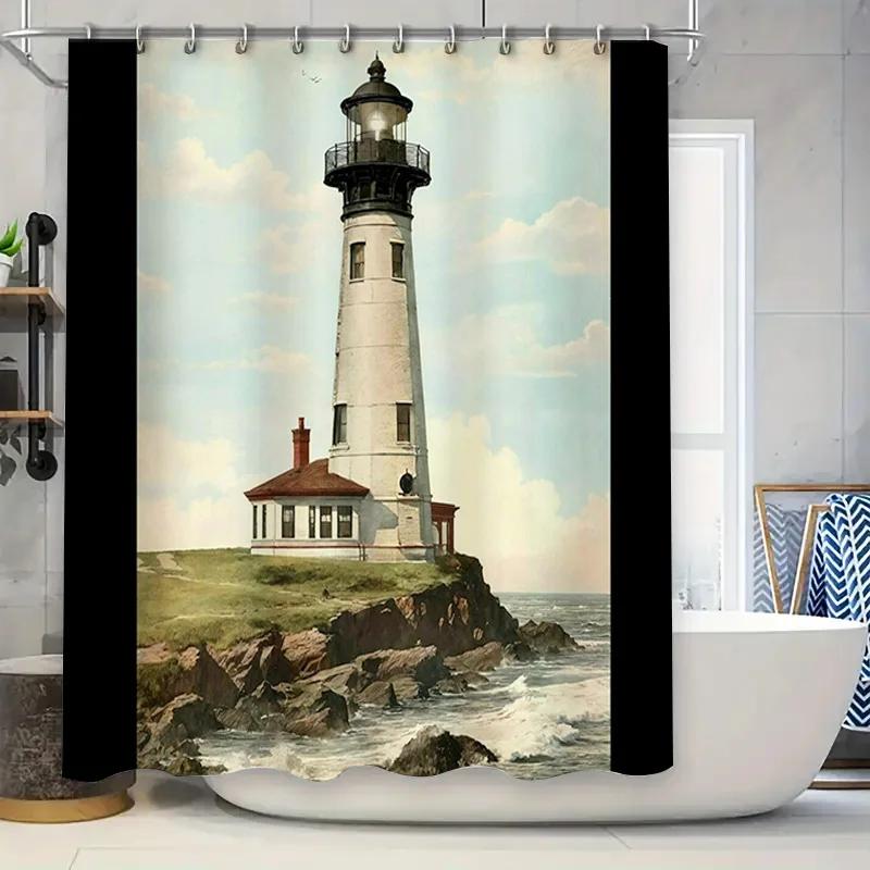 

Lighthouse Shower Curtain Decorative Bath Mat Waterproof Washable Polyester Printing Bathroom Decor White/Black/Green/Yellow Red W60H190(CM)-1 Pcs