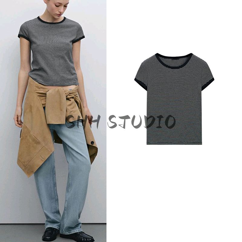 MD Spring/Summer New Arrival Women's Clothing Casual Preppy Style Comfortable Cotton Contrast Color Stripes round Neck Short Sleeve T-shirt 6205545