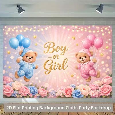 Blue Pink Floral Gender Reveal Backdrop with Teddy Bears and Glitter Lights for Photoshoot