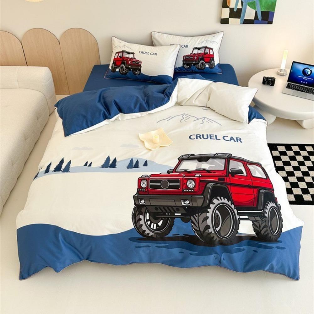 

Cartoon car Motif,Microfibre Bedding Sets, Children s Bed Decor Duvet Cover for Teenagers adult 3-Piece with Zip Room Decor 90x200cm