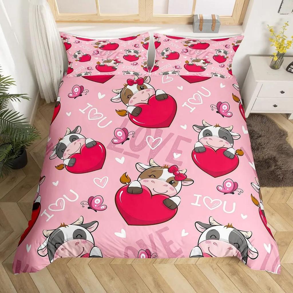 Cartoon Cow Duvet Set Three-Piece Strawberry Pattern Quilt Set Kawaii Cow Bedding Set