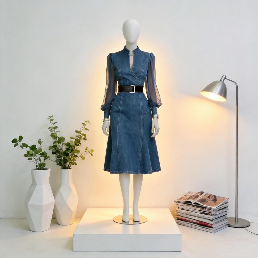 Womens Summer Long Sleeve Vneck Jeans Dress With Waist Cinch For Casual And Office Wear