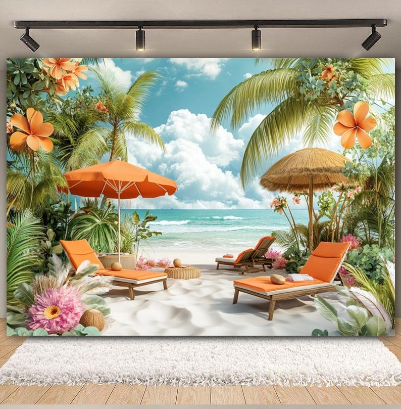 Summer Beach Backdrop Hawaii Tropical Seaside Sunshine Blue Sky Palm Tree Baby Birthday Holiday Party Photography Background