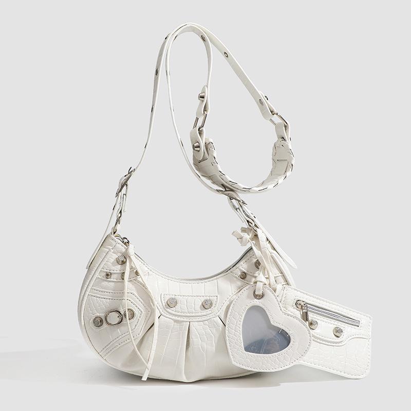 Borsa sottospalla trendy da ragazza piccante con rivetti 2025: Borsa a mano e a tracolla versatile tre in uno per donna bianco
