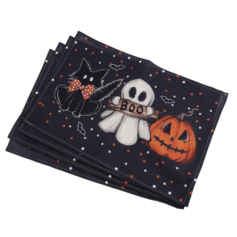 

CYCLI-Polka Dot Ghostly Pumpkin Cat Halloween Placemats Seasonal Fall Table Decor