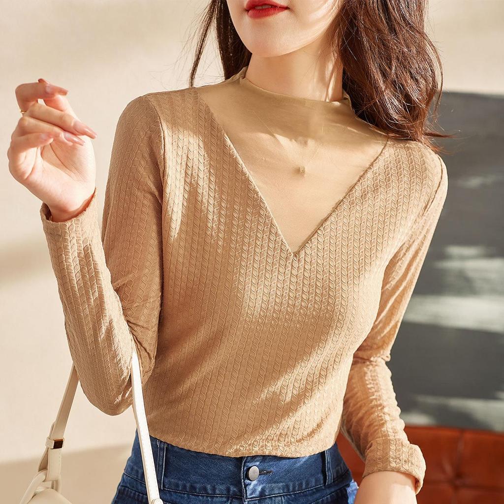 2023 Women's Autumn Long-Sleeve Lace Mesh Top with Half-High Collar