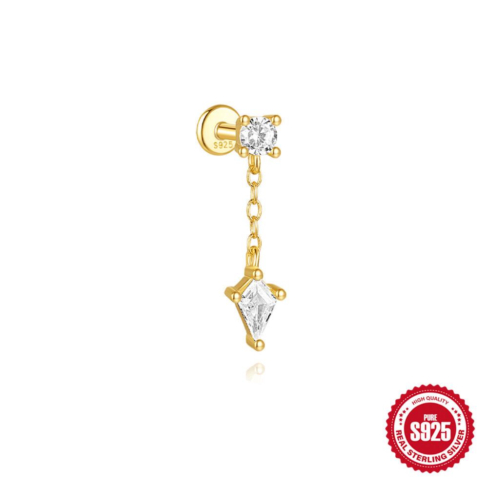Stylish And Simple Ins Wind S925 Sterling Silver Kite Stone With Diamonds Flat Head Internal Thread Puncture Earbone Stud Female