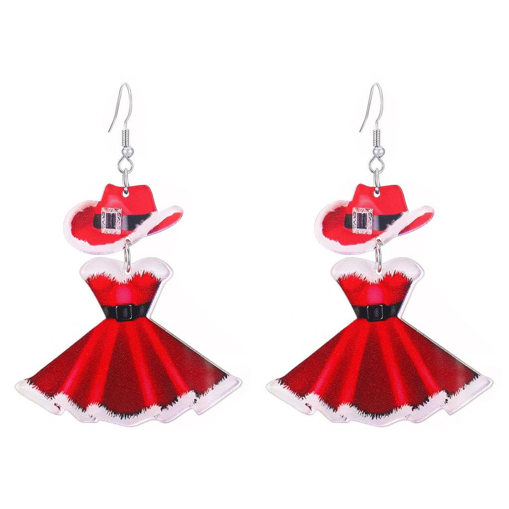 Cross-Border Christmas Carnival Acrylic Dangle Earrings - Festive Red Dress Hat Design for Women