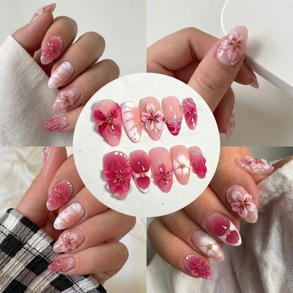 3D Flower Press-on Nails Almond-shaped Exquisite Artificial Nail Tips Reusable Gradient Pink Gel Fake Nails Women and Girls