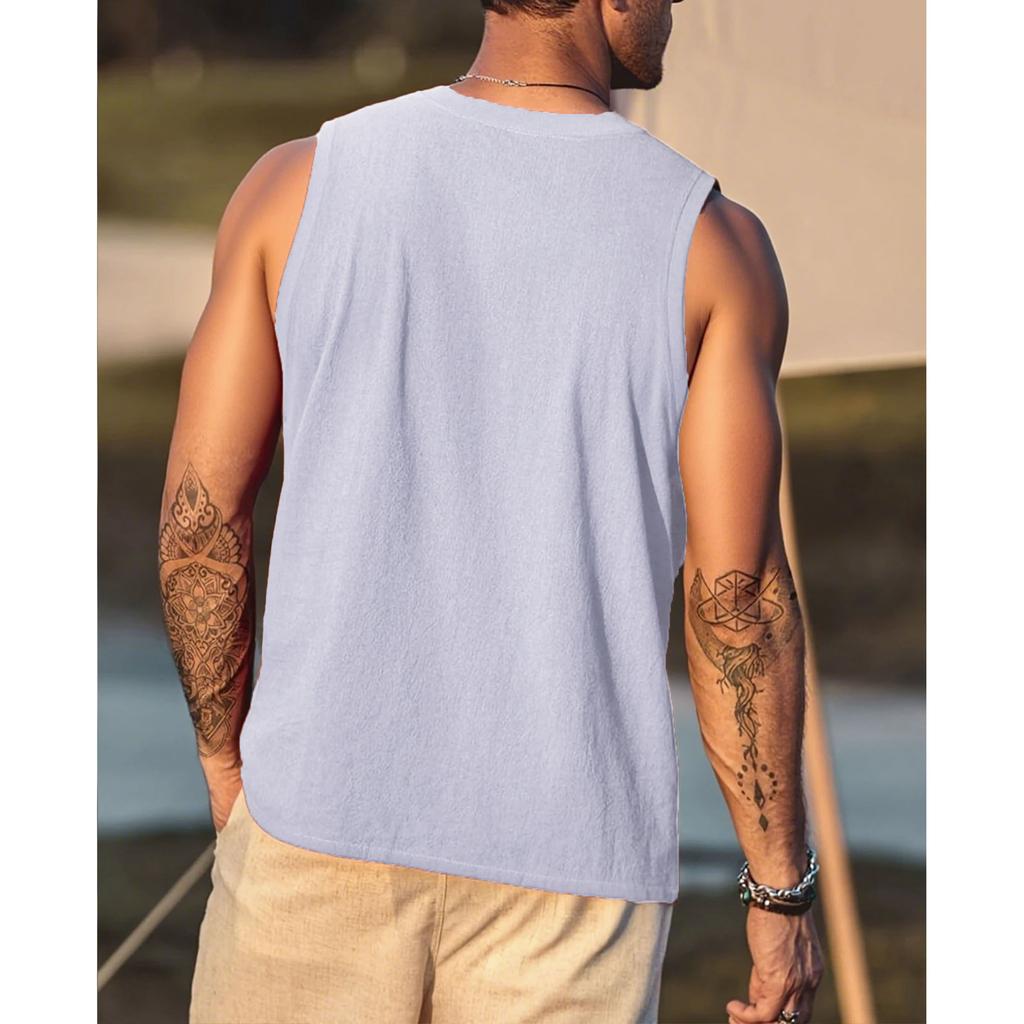Cotton Linen Men's SleevelessT-shirt Vintage Lace Up V-neck Breathable Lightweight Vest Basic Style Male Casual Tank Tops