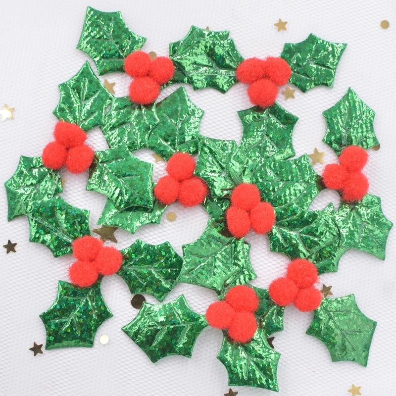 30Pcs Glitter Green Holly Leaf and 3D Red Berry Appliques Patches for Christmas Decor, Table Ornament, Stickers Accessories