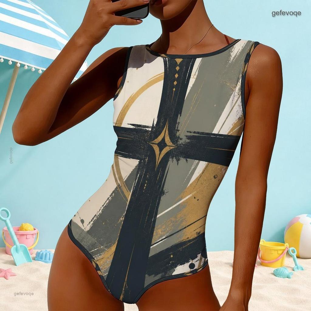 Women Plus Size High Round Neck Sleeveless Printed One Piece Swimsuit Red Blue White