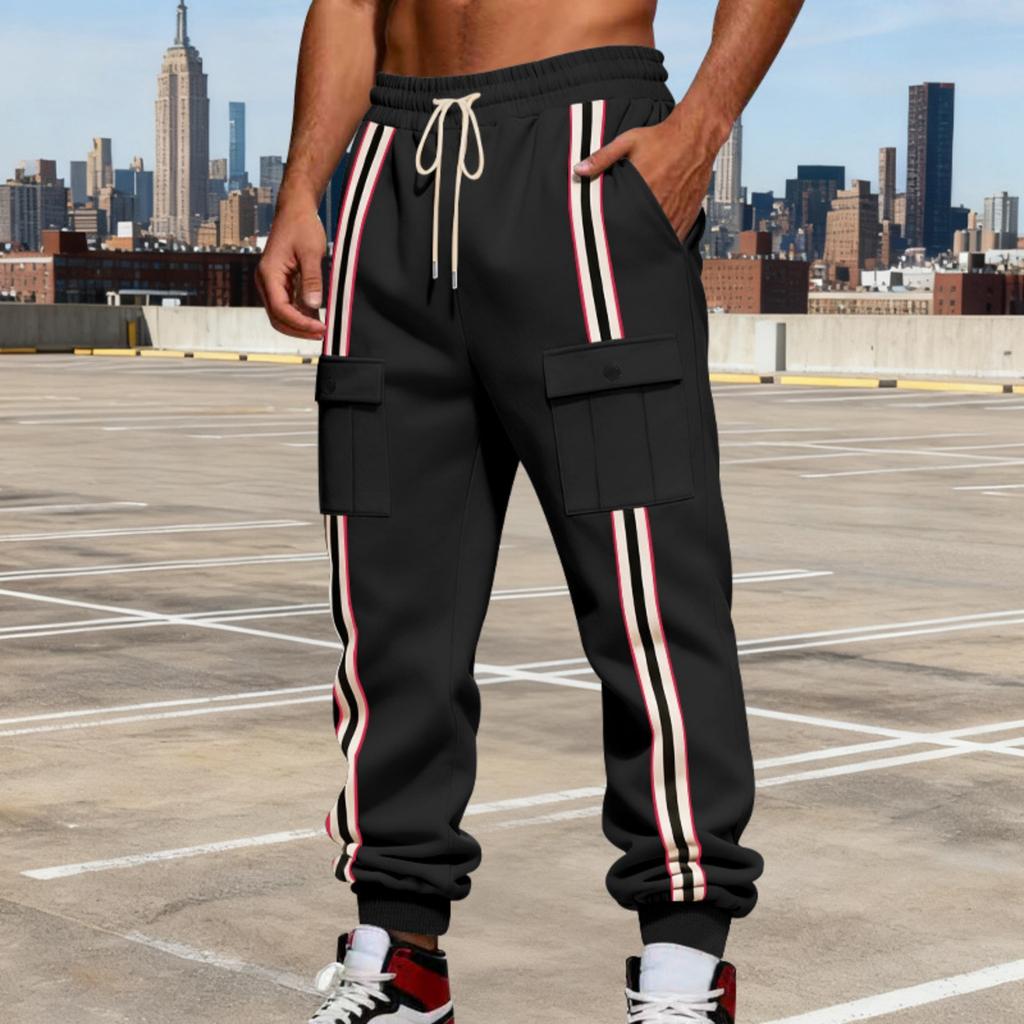 Men's Casual Heavy-duty Fleece American Pants, Men's Striped Color-blocking Retro Strapless Cargo Pants