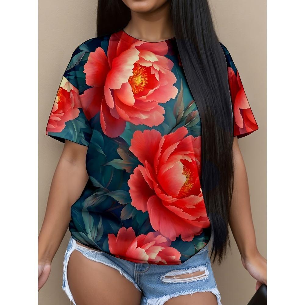 Summer New Women's Casual T-shirt Floral Print Fashion 3D Short Sleeved Round Neck Comfortable Plus Size T-shirt