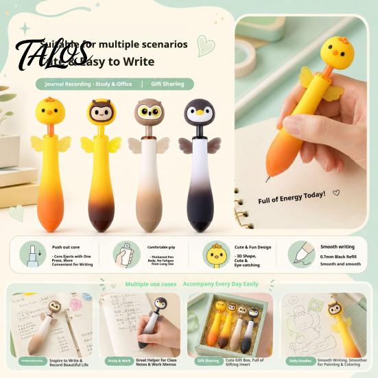 Ergonomic Pens for Long Writing Cute Animal Ballpoint Pen, 0.7mm Smooth Retractable Gel Creative Student Stationery Pens, Owl/Chick/Penguin/Honeybee
