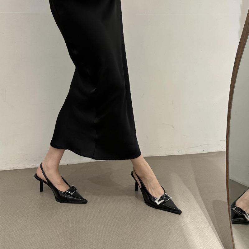 Mode Neue Sommer Frauen Kleid Schuhe Spitzschuh Sandalen Schnalle Slingbacks Pumps Zurück Strap Mid Heels Lackleder Schuh Zapatos Mujer