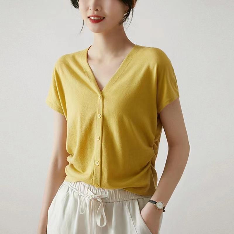 Women Sweaters Pullovers 2025 Summer Short Sleeve V-Neck Black White Knitted Sweater Women Tops Pullover JJ199