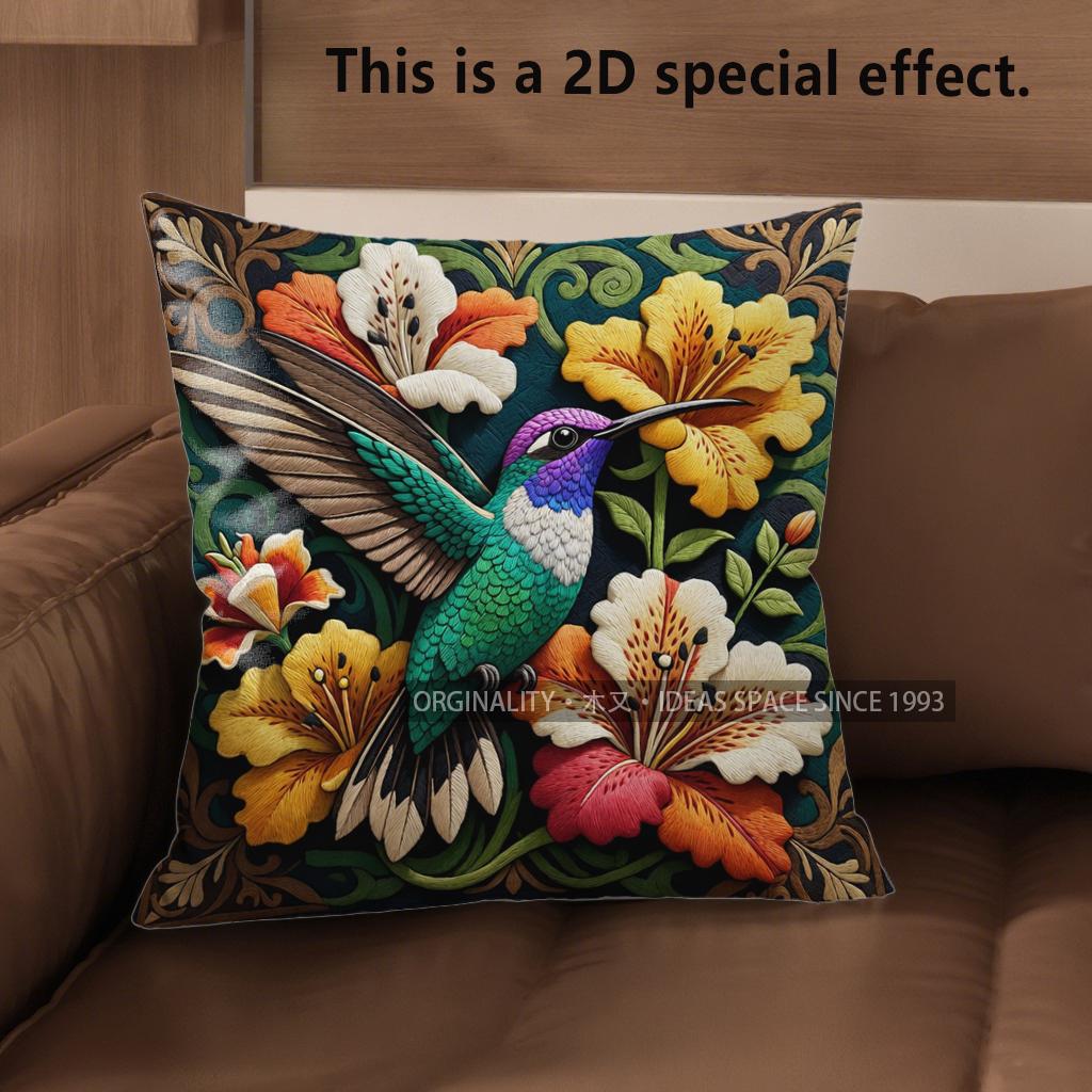 2D Tropical Hummingbird Floral Throw Pillow Covers Pattern Cushion Cover Suitable For Sofa Bedroom Car Pillow Cover