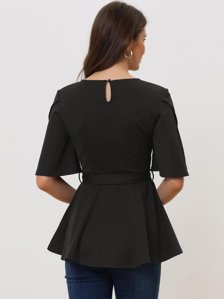 Allegra K Peplum Short Sleeve Split Crew Size M Women's Top, Blouse, Neck, Belted, Casual, Black,
