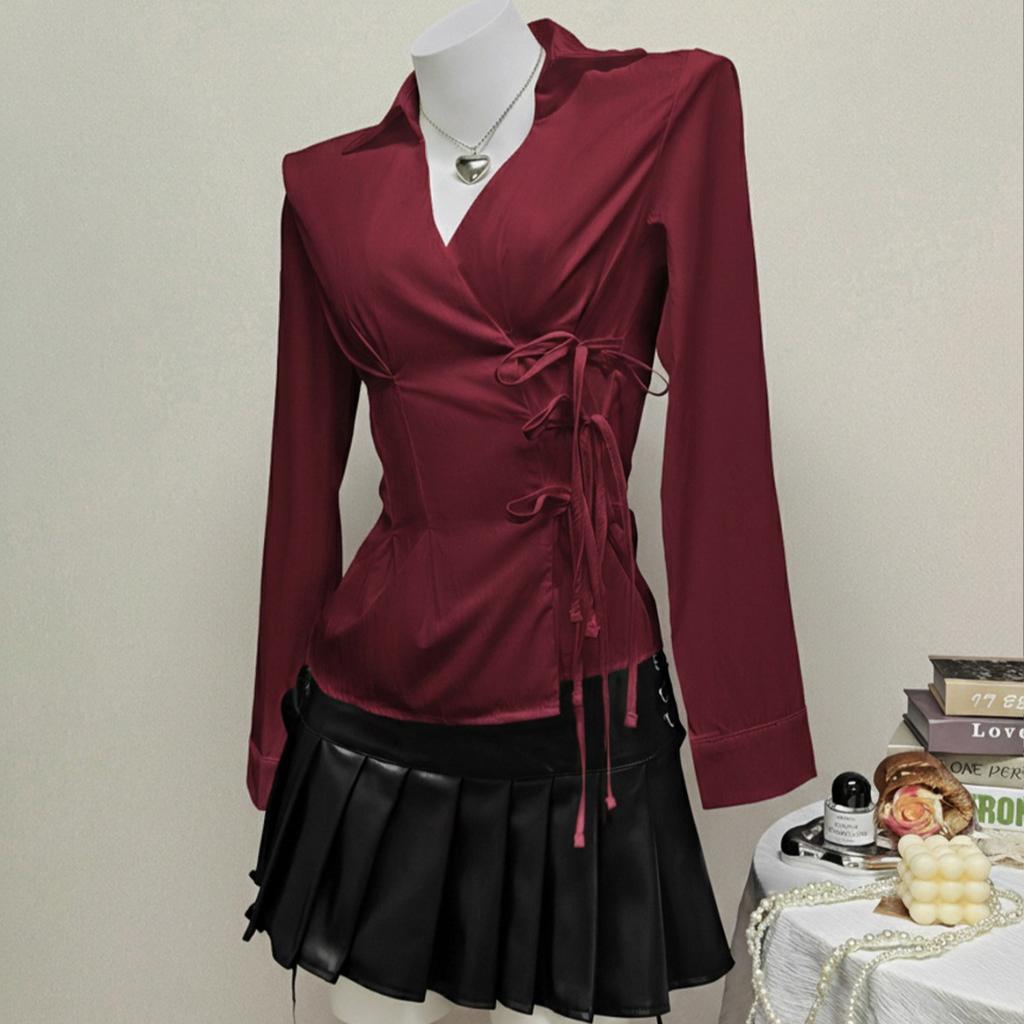 Women's Casual Top, Versatile, Elegant, Waist Cinching Design, Solid Color Women's Shirt