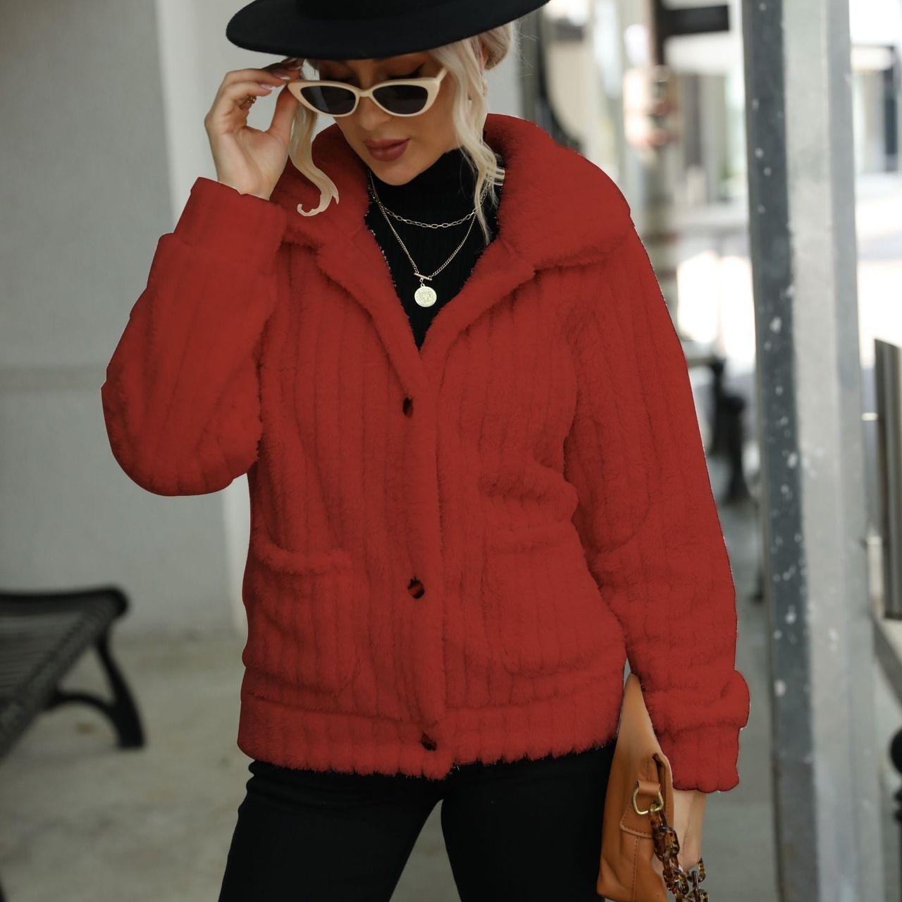 

HNXC Fashion Autumn and Winter Women s Single-breasted Lapel Long-sleeved Pitted Double-sided Fleece Loose Casual Coat XL