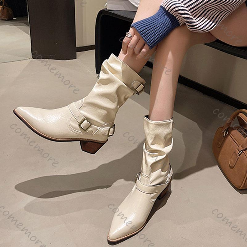 Fashion Comemore Retro Mid-calf Boots Women Spring Autumn New Fashion Short Boots Chunky Middle Heel Belt Buckle Cowboy Botas Fenale
