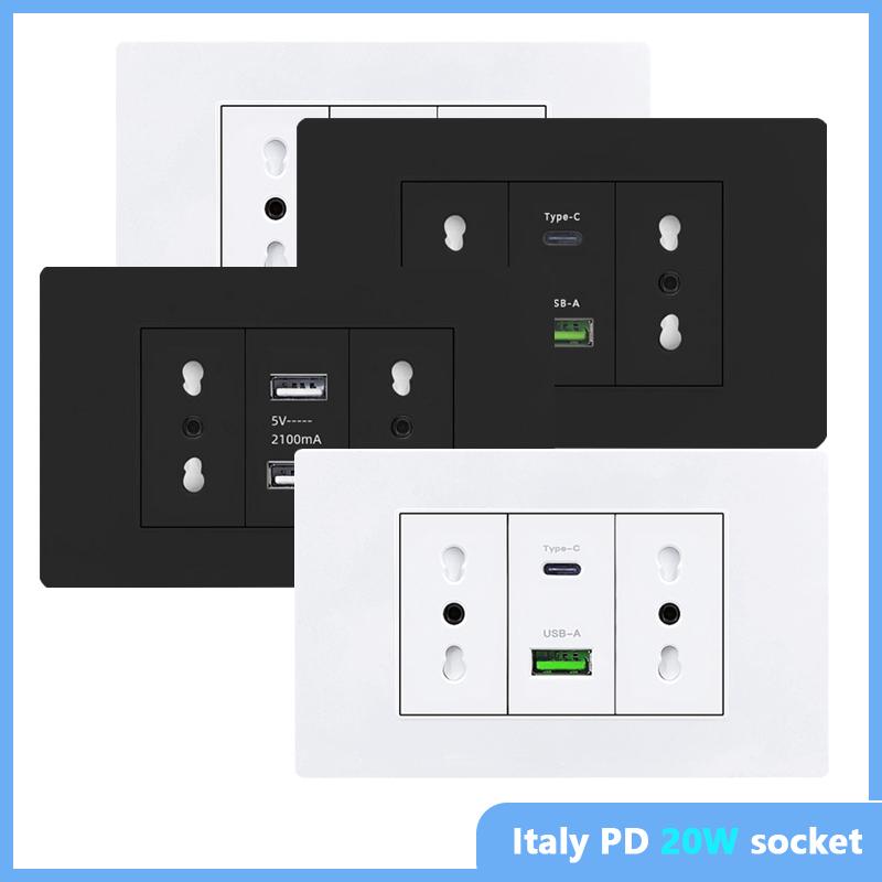 

White/black embedded Italy Chile plug usb C wall socket,16A power strip, smart Type-c 20W fast charging socket adapter 110-250V