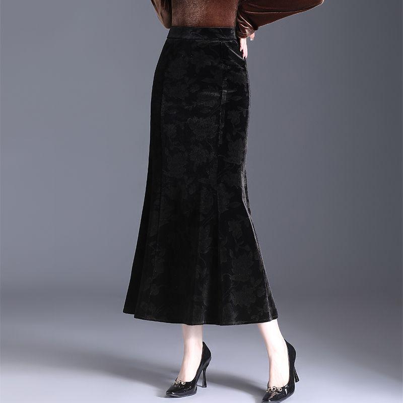 Autumn Winter Velvet Pencil Skirt High Waist Slim Fit Stretchy Wrap Fish Tail Midi Skirt Elegant Bodycon