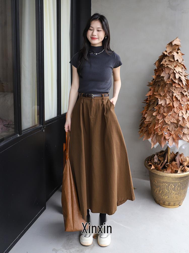 Versatile Washed Cotton Midi Skirt - High Waist, Solid Color, Double Pockets, Slimming A-line for Women, Early Autumn.