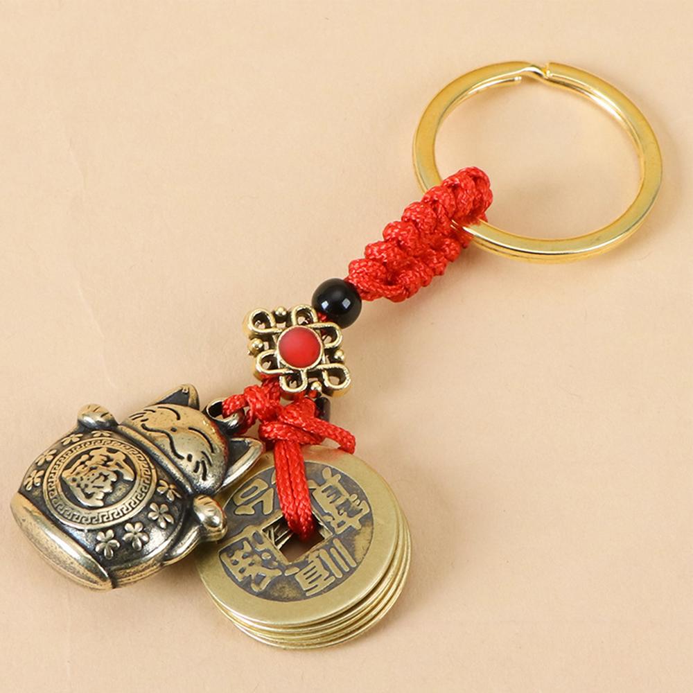 Vintage Lucky Finely Crafted Pure Copper Gourd With Five Emperors CoinsKeychain Charm Feng Shui Keyring Wealth-Attracting Decor