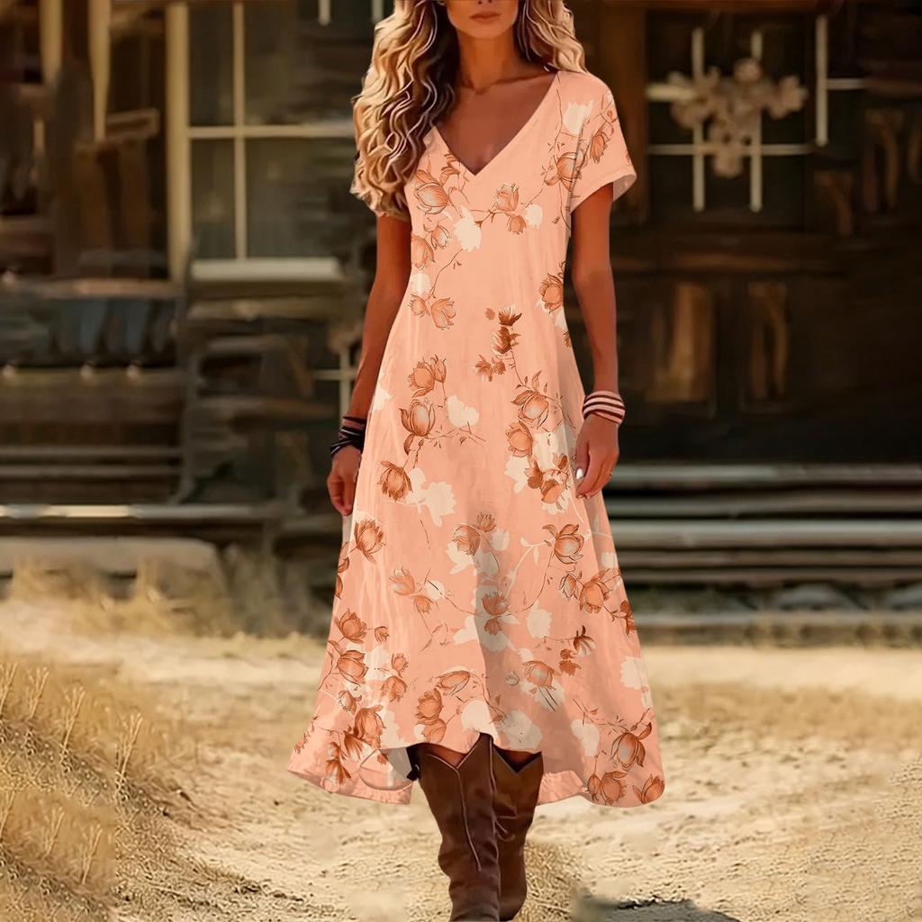 Fashionable women's summer V-neck short sleeved retro floral print beach dress