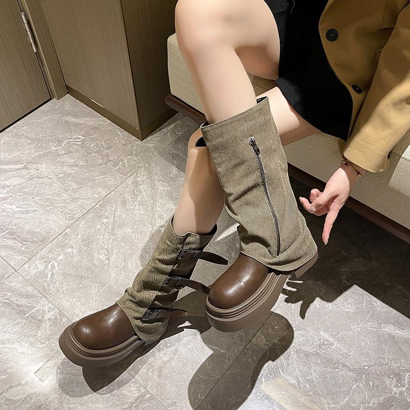 Black Fashion Explosion Thin Small Thin Medium Length Boots Women's Shoes 2025 New Autumn Thick Heel Trouser Boots