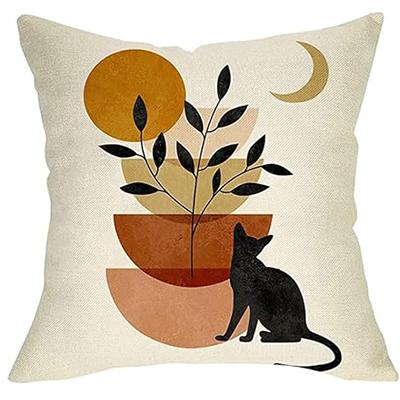 Bohemian abstracte kat plant zonsondergang decoratie kussensloop, minimalistische kunst moderne bank bank kussenhoes huisdecoratie 50x50cm