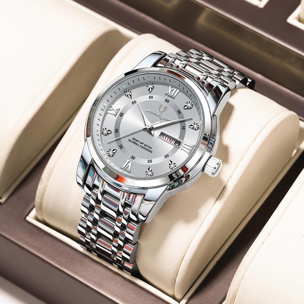 POEDAGAR Luxury Watch for Man Business Elegant Men Watch Date Week Waterproof Luminous Quartz Men's Watches Stainless Steel