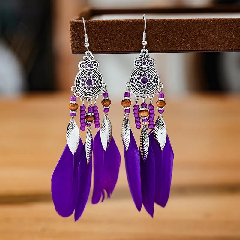 Bohemian Ethnic Feather Drop Earrings For Women Elegant Wood Beads Leaf Long Tassels Dangle Earring Girls Fashion Party Jewelry