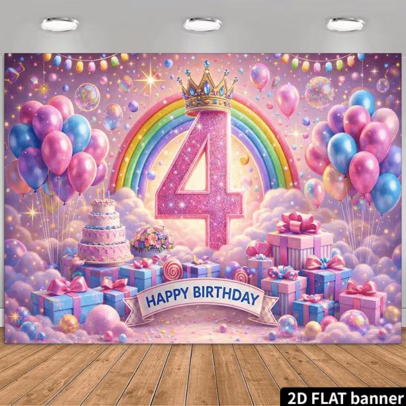 

2D Flat Glitter Crown Balloon Backdrop for Toddler Girl 4th Birthday Decoration 47.2x31.5inch/120*80cm