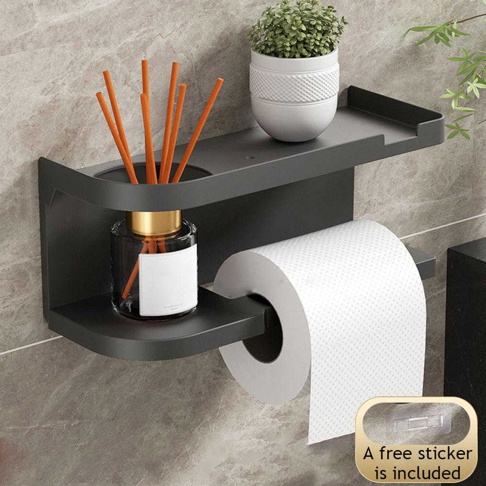 

1pc Drill-Free Toilet Paper Holder Wall-Mounted Tissue Rack & Roll Paper Bar Storage Shelf Kitchen Bathroom Storage Rack сірий