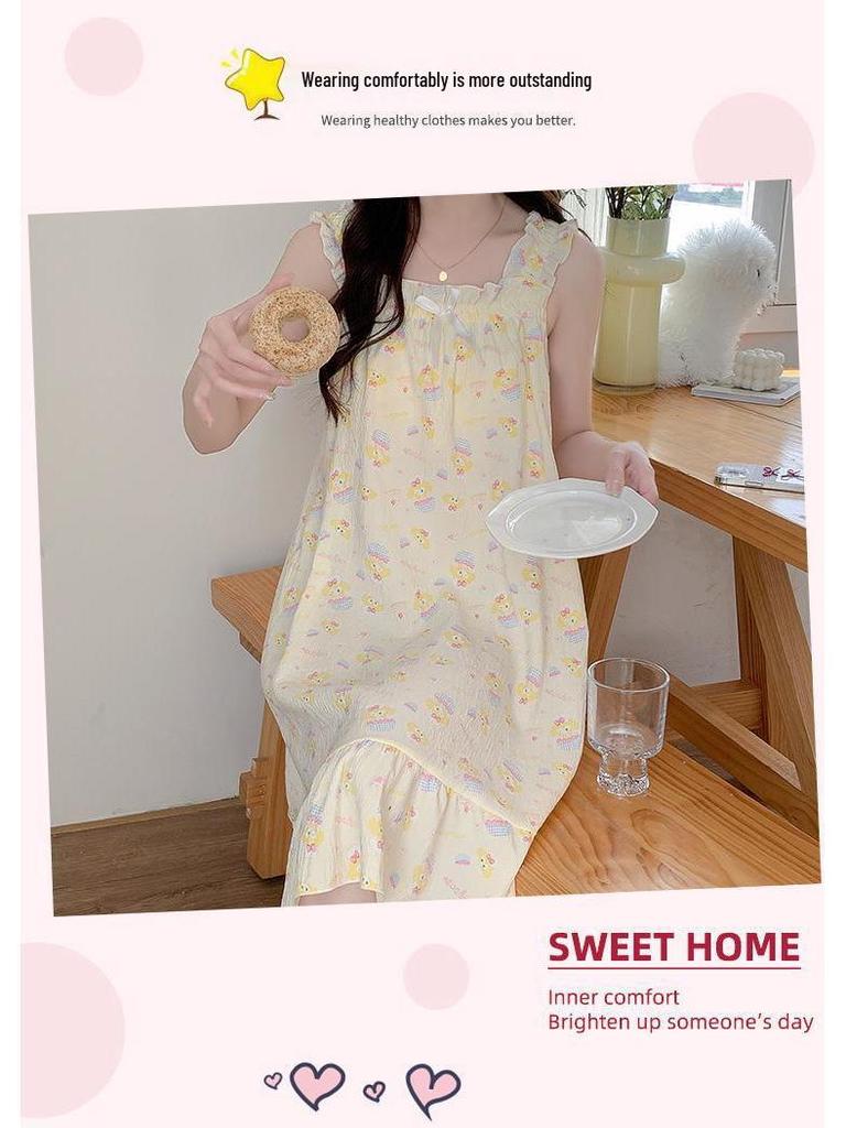 2026 Summer Women's Cartoon Padded Strappy Loose Nightgown Dress Pajamas - Sweet Outdoor Style