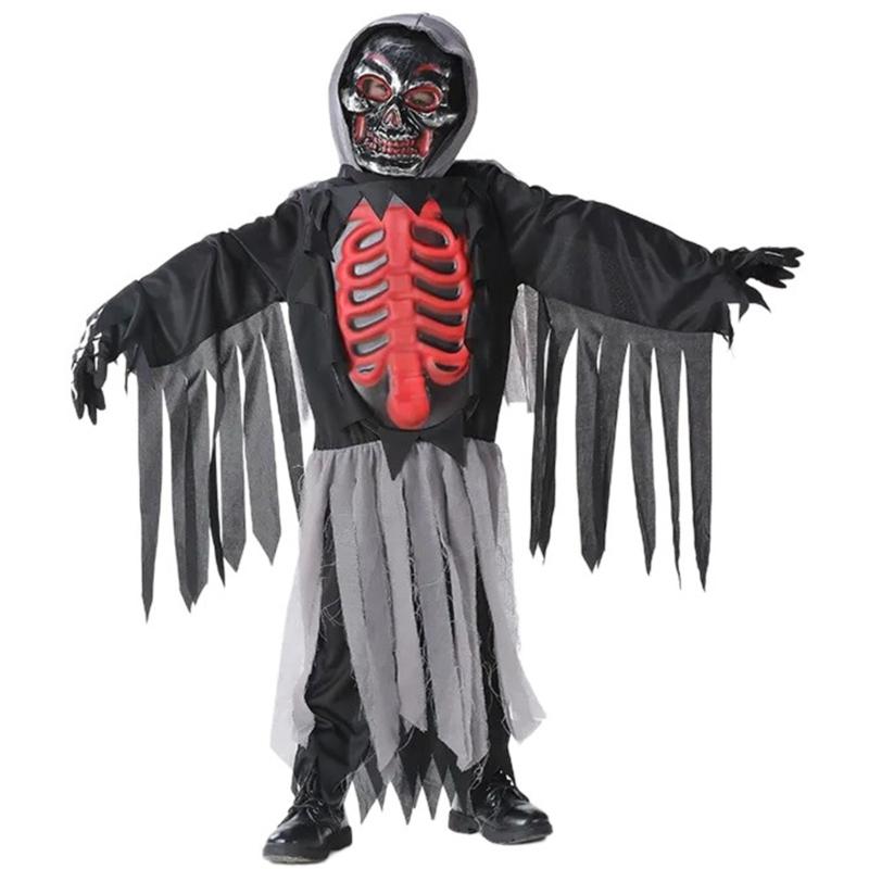 4 Pcs/Set Children s Role Play Cloak Kids Role Play Cloak Halloween Grim Reapers Costume Set Skeleton Cloak Mask Gloves 130CM черный серый