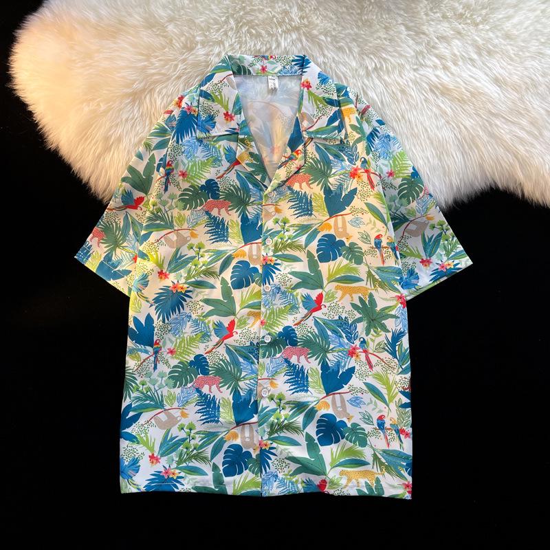 Unisex Vintage Kubakrage Blomsterskjorte - Løs passform, Hong Kong-stil, Kort erm, Perfekt for strand og par