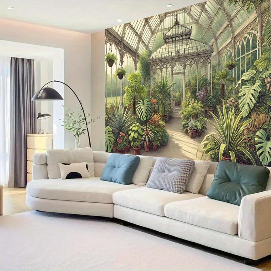 Serre de Jardin Botanique Vintage Tapisserie Plantes Luxuriantes Serre Murale Décor Amoureux de la Nature Fond de Canapé Salon